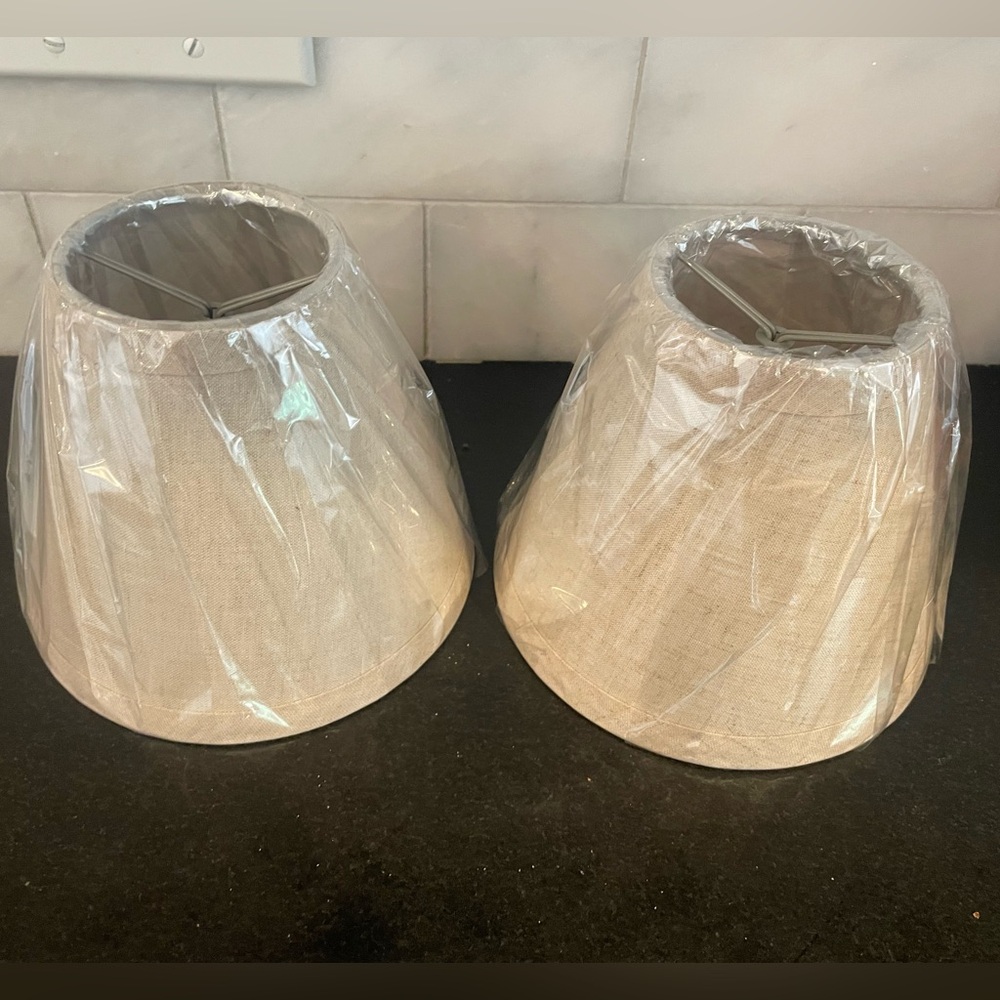Set of 2 small chandelier/ linen-look lamp shades clip on bulbs- NEW